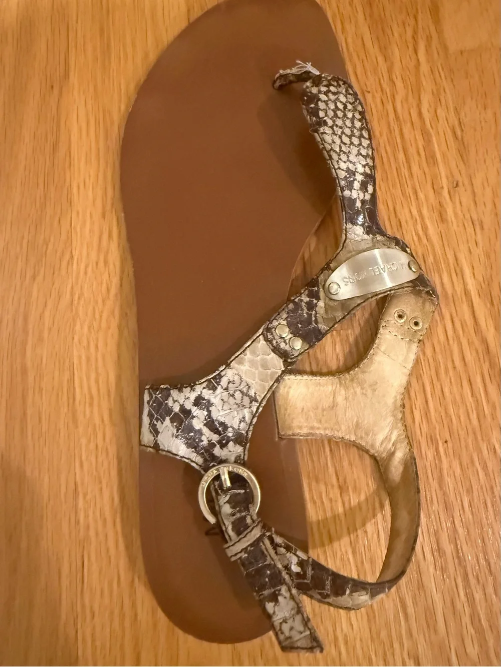 Michael Kors Brown and Snake-Print Leather Thong Sandals with Gold Accents